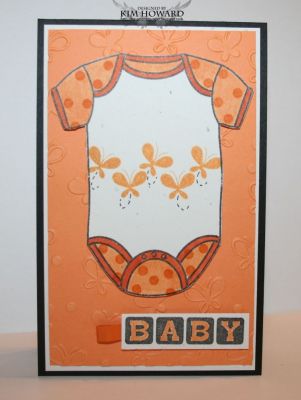 BABY
I stamped the onesie and then colored with Copic and used the spot in the set to create a pattern.  The background is the butterflies textured impressions embossing folder.
Keywords: onesie4baby butterfly2build