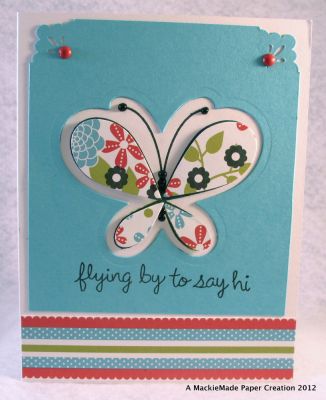 Flying by to say Hi
I made this card with the butteflies2build stamp set and the new matching butterfly die!
I paper pieced the wings and adhered them with foam dots. I cut out a frame with he butterfly die in the blue cardstock. I used black Liquid pearl ink for the body and antenna.
Keywords: butterfly die; butterflies2build