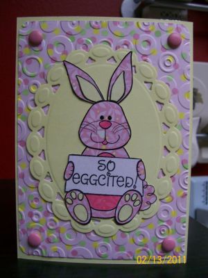 So Eggcited
For this card I used Martha Stewart  Dp .. it is so pretty and springy  I love this little bunny .. he is adorable.  I also used nestabilities and my CB.  I paper pieced the bunny .. right down to the little pads on his feet .. those were fun cutting out  :)
Hope You like it :)
Keywords: bunny4easter