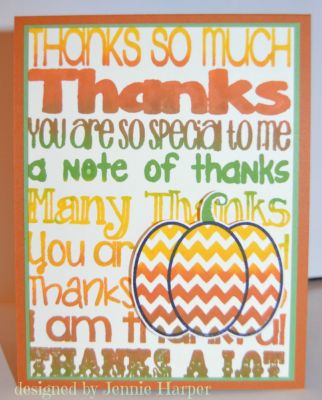 Ombre Thanks
I used a Custom Ink Pad to create my own ombre ink pad. More details on my blog: http://www.stampawaytheday.blogspot.com/2016/01/the-stamps-of-life-custom-ink-pad.html
Keywords: pumpkins2cut, custominkpad