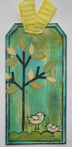 Birdie Bookmark
Designed using "Tree's to Build" stamp set and a tag.  Background technique/tutorial can be found on my blog here:
http://melisawaldorf.blogspot.com/search/label/Project%20-%20Bookmark
