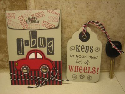 16th Birthday Card with insert
My son's nickname is "the J-bug;" the little Beetle in the cars2drive stamp set was perfect for his birthday card.  His actual gift was a new bike, but his older brothers thought the fake car key would be a fun distractor for this new driver...
Keywords: cars2drive boxes4abc