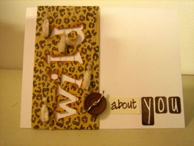 WILD about you
I stamped the vertical panel with the leopard-print, then die-cut out the letters, and mounted it on foam tape, to get a little shadow/dimension. I wrapped it in some fuzzy fibre for more animal appeal! The YOU uses the "boxes4abc" stamp set.
Keywords: animals4prints boxes4abc