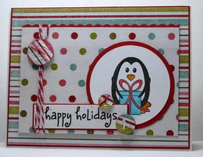 Happy Holidays
http://www.ninascardart.blogspot.com/

This stamp set the cutest, I think it matches this DP perfectly.﻿ I paired twine with buttons to finish.




