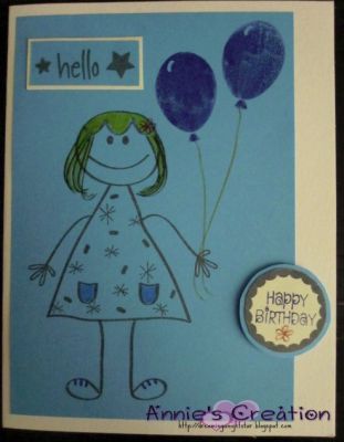 Hello
Trying different hair styles for the little girl. Only stamp half the length of the hair & let the hair curl inwards. The bangs were from the icing from "cake2build". Then the stars/sprinkles from "HappyBday2You" for the dress pattern.
