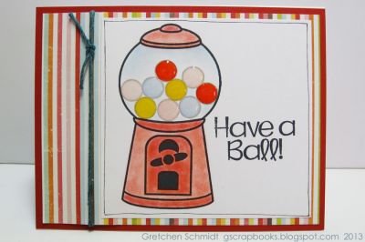 Have a Ball!
I stamped inside each gumball circle with a solid stamp and then highlighted them with Glossy Accents. The gumball machine itself I colored in using chalks. 
