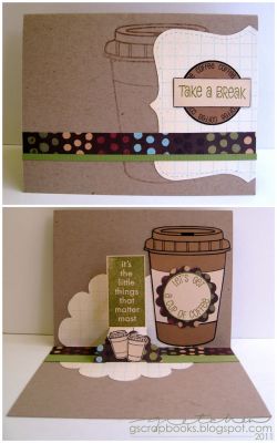 Take a Break card
I used a the Sizzix scallop circle pop-up die on the inside of the card to give it an extra special touch.
Keywords: coffee4two