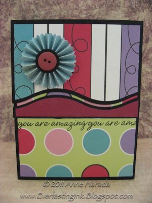 You are Amazing
Miscellaneous patterned papers, a fan fold flower, button center and the sentiment "you are amazing" stamped repeatedly across the center.  Love the handwriting of this sentiment!
Keywords: Branches4Flowers