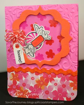 *Hooray for Candy!
The super-sweet candy2share stamp set now has dies for those wrapped candies!  Here, I've made a shaker card filled with die cut 'candies' and Sprinkles! glitter.  The shaker frame was cut with Sizzix Labels Fancy #5 Framelits, and the tag was made with the minitags2cut stamps & dies set!
