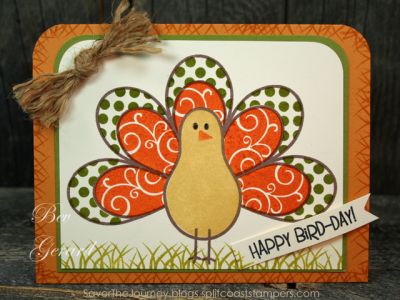 *Happy Bird-day!
Mr. Turkey's "grass" field and is created with the "grass" stamp from the Eggs4Easter set!  The same 'grass' stamp was stamped around the edges of the card base.   Now it's all ready for my son's birthday!
Keywords: turkey2stamp