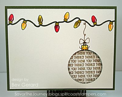 Christmas 'Thank You's'  -  front
Last on the Christmas list for the year is a simple Christmas Thank You card. The lights are on the front of the card, while the opening looks through to the 'ornament' Thank You sentiments on the inside of the card.   An inside view and color map are blogged in this post at Savor the Journey (http://savorthejourney.blogs.splitcoaststampers.com/2011/12/28/color-challenge-with-touch-twin-markers-ttc08/)

This is the front view of the card.   
Keywords: Christmas, Shinhan, touchtwin, Sentiments4Circles