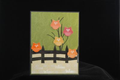 MOther-Daughter Exchange-2
Finally...Card #5 was the one.  I used Owls2Love, Branches4Flowers, and Solids4Halloween.  I cut the Thank Whooo stamp in half and after stamping in Versamark I brushed with Perfect Pearls.
