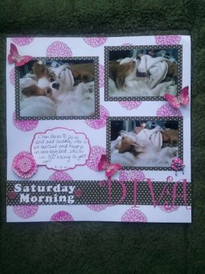 Saturday Morning Diva
I used Mums2Stamp to make the background paper for this LO as well as cut and stacked the flowers for an embellishment. Also used SB inks. (stamped off using guava to make the color less intense) This is my wonderdog, Chai...who likes to sleep in.  :) 
