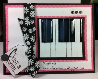 Piano Card
I used the lined paper stamp for the piano - made it super easy to keep the keys evenly spaced.  For the black keys, I inked just two or three blocks of the lined stamp at a time then stamped it and colored it in.  The music note is the dot in the set then I drew the note's flag.
