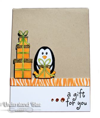A Gift For You
Who wouldn't want to see THIS fella with a gift??? What a cutie!! I colored the pressies with ShinHan Touch Twin markers and cut it all out and popped it up. The inside of the bow - I'm not that crazy - I didn't cut out - I colored that to match the kraft cardstock :)

I glittered the top of the presents with fine gold glitter. :)
