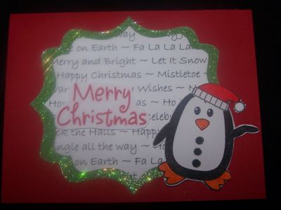 add some glitter cardstock for flair
this is an alternate version of my previous card. I used glitter paper in green for the Fancy die cut and proceeded to add my penguin and sentiment..
