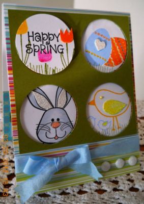 Happy Spring
 Top left sentiment circle is popped up above the green panel.  Other 3 circles are beneath the green panel.  Circles were made with 1 3/4" circle punch. Made this spring card for my grandson who is 'almost' 6 years old.  If you click to enlarge picture, you can see the panels and the glittery additions much better.
Keywords: Bunny4Easter, Eggs4Easter, Trees2Build