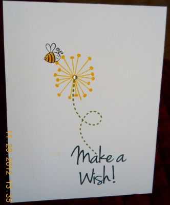 Make a Wish
One layer Quick Birthday Card for my granddaughter.  'Hap-bee Birthday' is stamped on inside with another little bee trailing off the sentiment.
Keywords: Bees4me, Wish2make