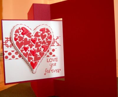 My Heart Flips for You!  Inside view
Used the free 'flip-it' card from Stephanie to create this card. Fishtail tags were created using TSOL Background stamps, "Back2Squares" and "Dots2Love", for the pattern.  After using Stephanie's heart framelits for the main stamped image,   I sponged ink around the edges of the scalloped heart and popped the image up using dimensionals.  I also added clear glaze to a few of the little hearts on the stamped image.
Keywords: Flip It Card Contest, Background stamps, Framelit dies