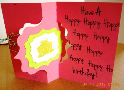HoppyBirthday
I'm teaching my 9 year old grandson how to use my Big Kick machine and clear stamps...he was so excited to learn all the things you can do with this machine!  With only a little help from me, he made this entire card.  Nearly everything we used was from TSOL.  I'm not sure why this picture looks blurred, but when you click on the picture it looks normal.
Keywords: Fancy Frame Flip-it die, Fancy labels Framelit die set