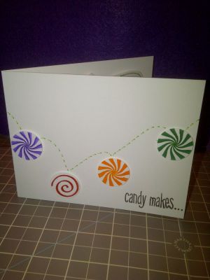 While this is a simple card, it took me awhile to figure out how to 'lay it out'. In the end, I really like this clean and simple design. I'll post the inside as well, so you can  see what 'candy makes' is all about!
The candies are punched out using a 1" circle punch and then popped up on the card using dimensionalsl. Each piece of candy is outlined using a spica glitter pen to match the color of candy--just gives them a little sparkle.  
Keywords: Stamps of Life, Color Box Inks