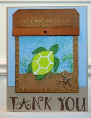 "Tank" You!
Used frilly4abc for sentiment, hexagons2love for shell pattern, and the little chloe stems from thanks2you for the aquarium plants.  Tank was constructed from scraps and chipboard starfish from K&Company.  Tanks for looking!
Keywords: frilly4abc hexagons2love thanks2you turtles2love