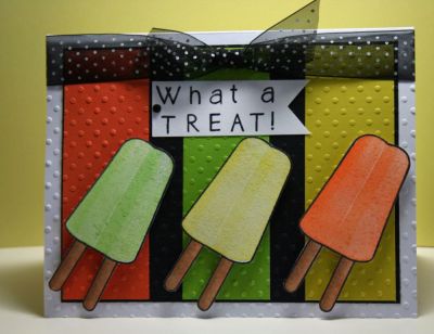 What a Treat!
Love the new popsicle stamps!  I didn't have the "right" ink color for the sticks so used Copic markers.  Added some Goosebumps texture spray to the pops and used the miniabc2stamp for the sentiment to send as a thank you card.  
