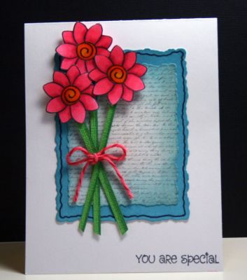 You are Special
Happy Mother's Day...I used the flowers from list2write and the sentiment from tinytitles2stamp.  Flowers were colored with Copics and the twine from the Twinery was dyed with Copic marker to match the flowers.  Dimensional glaze was added to the center of the flowers.  DP is from My Mind's Eye.
