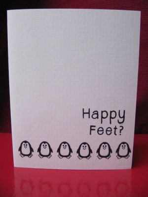 Happy Feet
I had a particular friend in mind when I made this card. Noreen absolutely LOVES penguins and she has seen the animated movie Happy Feet a ton of times. I used miniabc2stamp to make a custom sentiment to go with those sweet penguins from morepenguins2love.
