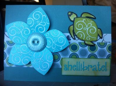 shellibrate
Heat embossed the flower turle and sentiment. The flower I used the turle shell and and added a button to the center. 
Keywords: turles2love