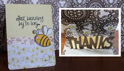 With a little bit of acetate paper brings the mini bees to life!  To the right is the inside of the pop up card.
