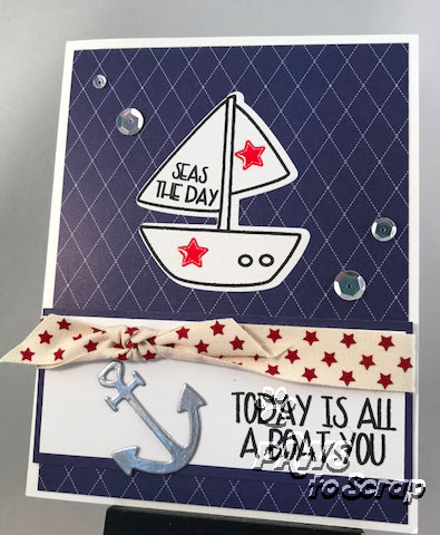 All a Boat You
Stamps and Dies:  Sailboat2Stamp and Sailboat Dies (The Stamps of Life)
Ink & Embossing:  Licorice Ink (The Stamps of Life); Versamark; Silver Embossing Powder (Ranger)
Paper:  Cardstock and Pattern Paper from The Stamps of Life February 2018 Card Kit
Other: Ribbon and Epoxy Star Stickers (The Stamps of Life February 2018 Card Kit); Sparkling Clear Sequins (Pretty Pink Posh); 
Keywords: February 2018 Card Kit