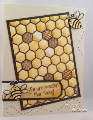 Sweeter Than Honey
Cardstock:  Bazzill, Strathmore Watercolor, vellum
Stamps:  The Stamps of Life hive4bees and background4bees
Ink:  Hero Arts, Ranger Tim Holtz Distress Markers, Versafine
Other:  Clear Embossing Powder

Keywords: hive4bees background4bees