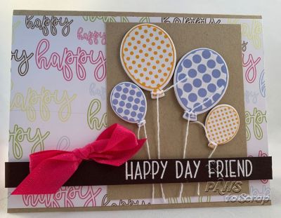 Happy Day Friend
Stamps and Dies:  Sentiment Stamp* 
Ink & Embossing:  Versamark; White EP (Ranger);
Paper: Cardstock and Pattern Paper*
Other: Balloon Chipboard, Twine, Ribbon

* From The Stamps of Life January 2019 Card Kit
