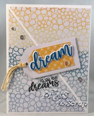 Dream
Supplies Used - Dream
Stamps and Dies:  sayings4rainbows and Stitched Tag Dies (The Stamps of Life)
Ink & Embossing:  Licorice Ink (The Stamps of Life)
Paper:  Powdered Sugar Cardstock and Pattern Paper from The Stamps of Life March Card Kit

Other:  Sparkling Clear Sequins (Pretty Pink Posh), Twine and Puffy "Dream" Sticker from The Stamps of Life March Card Kit
Keywords: March Card Kit 2018
