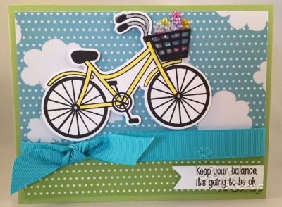 Keep Your Balance
Cardstock:  The Stamps of Life*
Pattern Paper:  The Stamps of Life*
Stamps:  bicycle2stamp from The Stamps of Life
Dies:  Bicycle Club Die Set from The Stamps of Life
Ink:  Colorbox
Ribbon: The Stamps of Life*
Other:  Pretty Pink Posh Sequins
*from The Stamps of Life November Card Kit

