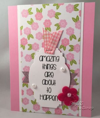 Amazing Things
Cardstock:  The Stamps of Life*
Pattern Paper:  The Stamps of Life*
Stamps:  The Stamps of Life*
Dies:  Sizzix Majestic Die Labels
Ink:  Memento
Ribbon:  The Stamps of Life*
Other:  Felt Flower*, Glitter Tape*, Simon Says Stamp Pearls, Tim Holtz Tiny Attacher Staples
*from February Card Kit by The Stamps of Life

