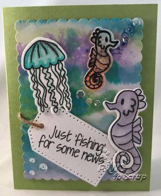 Fishing For Some News
Stamps and Dies:  Fish2Stamp and Under the Sea Stamps and Dies (The Stamps of Life); Dotted Tags and Scallop Rectangle Dies (Sizzix);
Ink & Embossing:  Green Apple, Ocean, Tangerin

