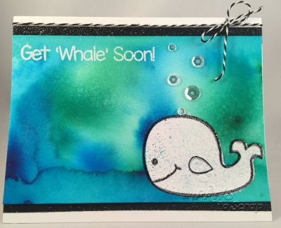 Get Whale Soon
Cardstock:  The Stamps of Life and Bee Watercolor Paper
Stamps:  Whale2Stamp from The Stamps of Life
Ink:  Ken Oliver Color Burst Watercolors, Versamark, Ranger White Embossing Powder, Hero Arts Black Ink
Ribbon:  Twine from The Stamps of Life
Other:  Perfect Pearls, Pretty Pink Posh Sequins, Glimmer Tape from Close To My Heart

