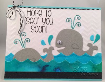 Hope to "Sea" You Soon
Cardstock:  The Stamps of Life, Bee Watercolor Paper, Bazzill Cardstock and American Crafts White Embossed Paper
Stamps:  Whale2Stamp from The Stamps of Life
Dies:  Whale Dies from The Stamps of Life
Ink:  Ken Oliver Color Burst Watercolors, Stampin' Up, Hero Arts Black Ink
Ribbon:  Twine from The Stamps of Life
Other:  Perfect Pearls, Pretty Pink Posh Sequins, Glimmer Tape from Close To My Heart, Silly Eye from Pretty Pink Posh

