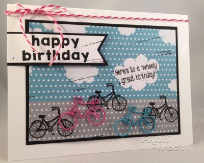 Wheely Great Birthday
Cardstock:  The Stamps of Life*
Pattern Paper:  The Stamps of Life*
Stamps:  bicycle2stamp from The Stamps of Life and Card Kit Set from 
Dies:  Bicycle Dies from The Stamps of Life
Ink:  Hero Arts Black
Ribbon:  Twine from The Stamps of Life*
Other:  Bicycle Clips from The Stamps of Life*
*from November and February Card Kits

