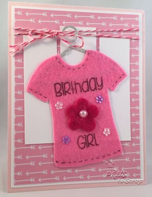 Birthday Girl
Cardstock:  The Stamps of Life and Silver POW Paper from American Crafts
Pattern Paper:  The Stamps of Life 
Stamps:  The Stamps of Life (tshirt2stamp)
Dies: T-shirt Dies
Ink:  Stazon
Ribbon:  Twine from The Stamps of Life April Card Kit
Other:  Felt Flower from The Stamps of Life* and Pretty Pink Posh Sequins
*from February Card Kit

