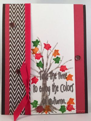 Colors of Fall
	Cardstock:  The Stamps of Life* and Strathmore Watercolor
	Pattern Paper:  The Stamps of Life*
	Stamps:  leaves4fall from The Stamps of Life
	Ink:  Ranger Distress Inks
	Ribbon:  Stampin' Up
	Other:  Sequins from Pretty Pink Posh
	*from The Stamps of Life August Card Kit

Keywords: leaves4fall