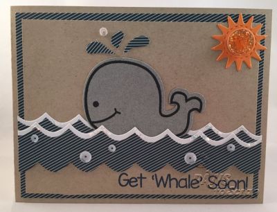 Get Whale Soon
Stamps:  whale2stamp (The Stamps of Life)
Ink:  Sapphire (Close To My Heart) and Black (Hero Arts)
Paper:  Solar White and Desert Storm (Neenah); Pattern Paper and Orange Cardstock (Studio Calico); Stone (Bazzill)
Accessories:  Marshmallow Sequins (Pretty Pink Posh); Whale Dies (The Stamps of Life); Icicle Stickles

