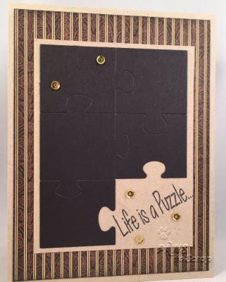 Life is a Puzzle
Supplies Used - Life is a Puzzle
Stamps:  Sayings4Puzzles (The Stamps of Life)
Ink: Licorice (The Stamps of Life)
Paper:  Cityscapes (Graphic 45); Desert Storm (Neenah); Licorice (The Stamps of Life)
Accessories:  Gold Sequins (Pretty Pink Posh); Medium Puzzle Die (The Stamps of Life)

Keywords: sayings4puzzles