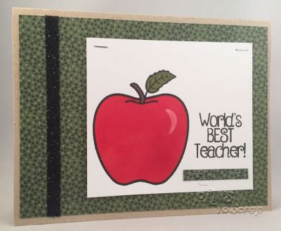 Great Teacher
Supplies Used - World's Best Teacher 
Stamps:  apples2stamp and patterns4apples (The Stamps of Life)
Ink: Strawberry, Artichoke, Chocolate, Licorice, and Powdered Sugar (The Stamps of Life)
Paper:  Desert Storm (Neenah); Solar White (Neenah); Basic Grey Pattern Paper
Accessories:  Mini-staple (Close To My Heart); Black Shimmer Trim (Close To My Heart)

Keywords: apples2stamp