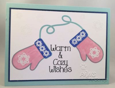 Warm & Cozy
Supplies Used - Warm & Cozy Wishes
Stamps:  mittens2stamp and patterns4mittents (The Stamps of Life)
Ink: Blueberry, Seaglass, Candy, and Licorice (The Stamps of Life); Versamark
Paper: Seaglass and Powdered Sugar Cardstock (The Stamps of Life); Galaxy (Bazzill)

Accessories:  White Embossing Powder (Hero Arts)
