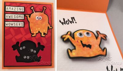 Amazing Awesoe Wowzers
Stamps:  monsters2celebrate (The Stamps of Life)
Ink: Versamark and Versafine Black Onyx
Paper:  Scraps of Cardstock 
Accessories:  monsters2stamp Dies (The Stamps of Life); White Embossing Powdere (Hero Arts); Silly Eyes; Color Box Stencil; Action Wobble

