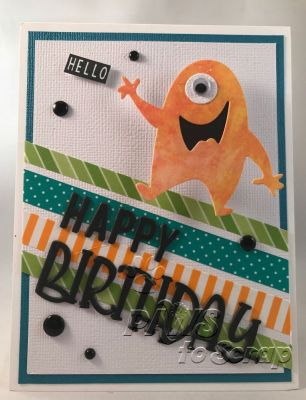 Happy Birthday
Supplies Used - Monster Happy Birthday
Stamps and Dies:  monsters4celebrations and Monster dies (The Stamps of Life); Happy Birthday Die (Simon Says Stamp);
Ink & Embossing:  India Ink Black (Hero Arts); 
Paper: Cardstock (Bazzill)
Other: Black Dots (Close To My Heart); Various Washi Tape
Keywords: monsters4celebrations 
