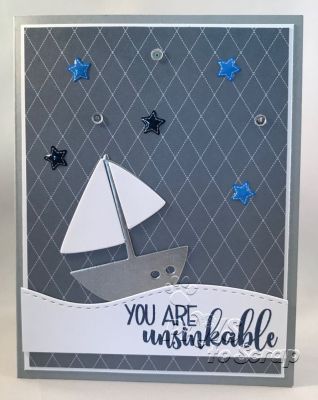 Unsinkable
Ink & Embossing:  Versamark; Silver Embossing Powder (Ranger); Juniper Mist (Catherine Pooler)
Paper:  Cardstock and Pattern Paper from The Stamps of Life February 2018 Card Kit
Other: Epoxy Star Stickers (The Stamps of Life February 2018 Card Kit); Sparkling Clear Sequins (Pretty Pink Posh); 

Keywords: sayings4sailboats sailboat dies